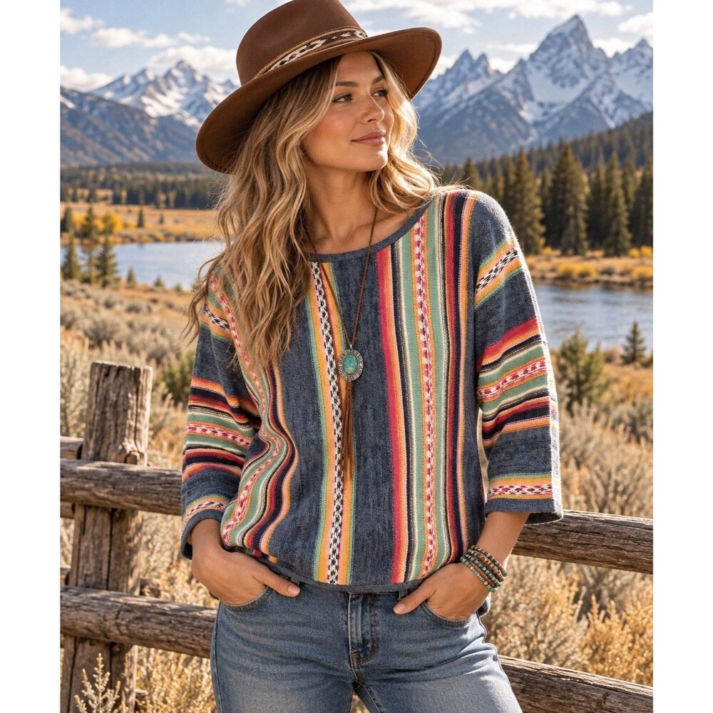 Chaps Petite L Sweater Southwest Striped Boho 3/4 Sleeve Cotton Linen Blend